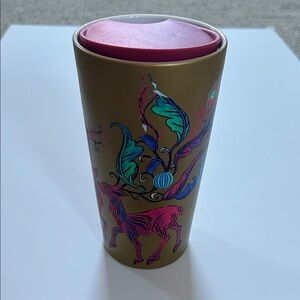 Starbucks 2024 Holiday Pink Deer 12 oz Gold Travel Hot Mug with Lid